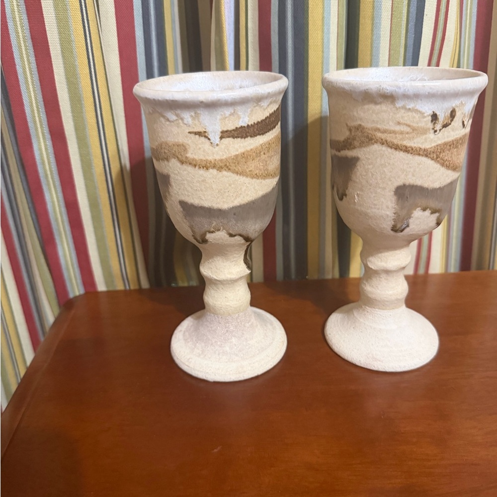 Set of 2 Studio Art Pottery Goblet Earth Tone Neutral Sandstone 7”
